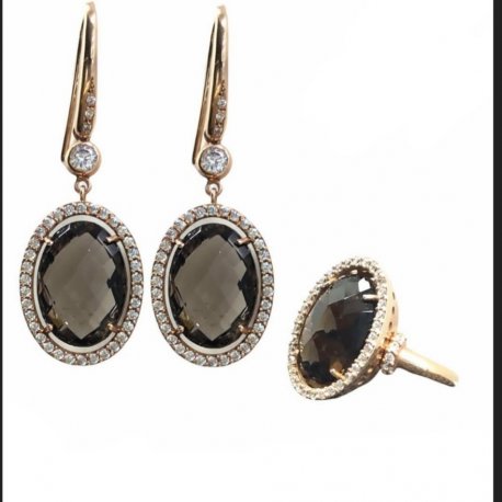 Earrings & ring smokey topaz  rose gold 14k